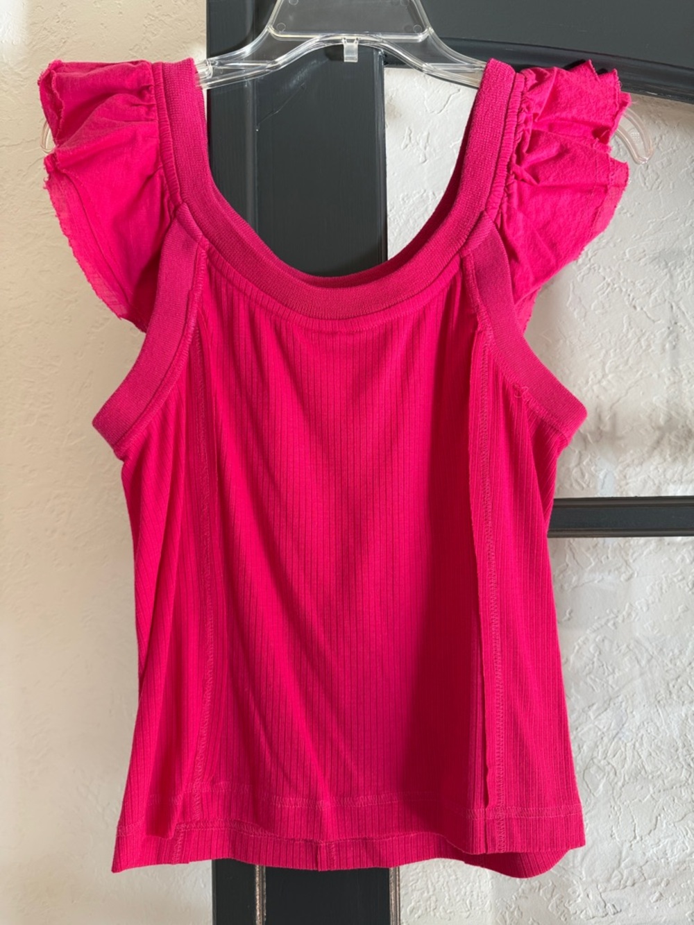 Pilcro Ribbed Tank with Ruffle Trim - Bright Pink - Picture 3 of 5